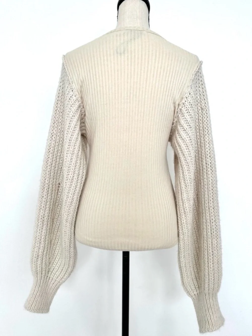 Zara Cream Knit Sweater Balloon Sleeve Ribbed Fitted Chic Pullover NWOT Size M